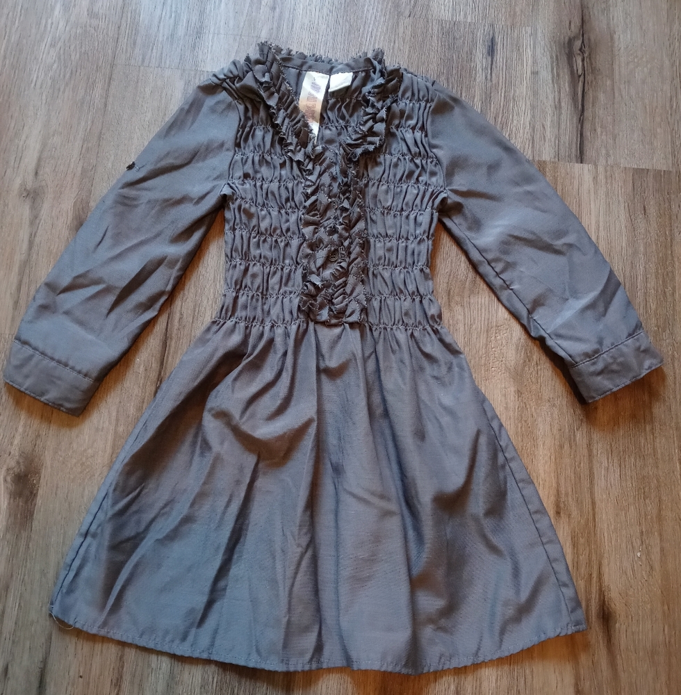 Girl's GRL Fresh Brewed Authentic 3/4 Sleeve Ruffle/Ruched Gray Dress W/Buttons